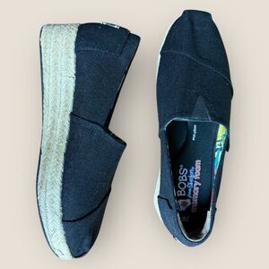 BOBS From Sketchers Black Canvas Espadrille Wedge Slip On Shoes | US Size 7